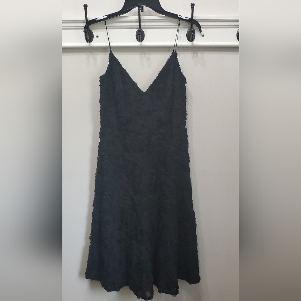 BLACK RUFFLED SPAGHETTI STRAPPED V NECK A LINE MIDI DRESS